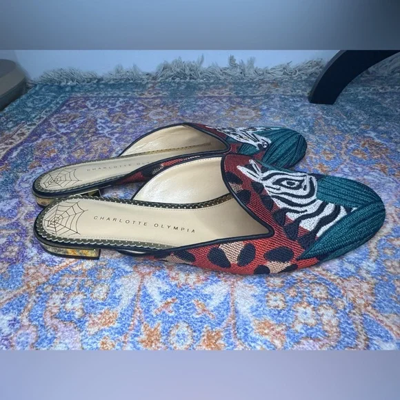 Charlotte Olympia Green and Red Animal Print Mules - Picture 7 of 8